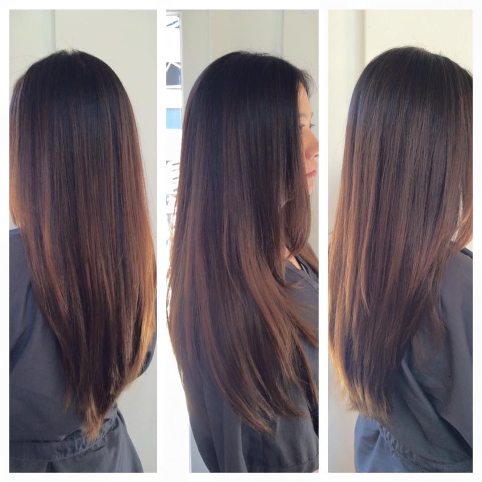 Balayage Caramel Highlights on Asian Girls long straight hair