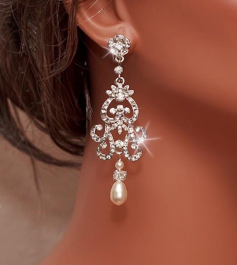 NICOLA - Vintage Inspired Rhinestone and Swarovski Pearl Bridal Chandelier Earrings in silver