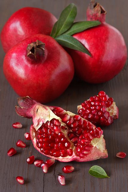 Pomegranates only ripen in warmer climates. They are in season starting in October and are usually available fresh through December. They are a good source of Vitamin C and Vitamin K and Dietary Fiber.