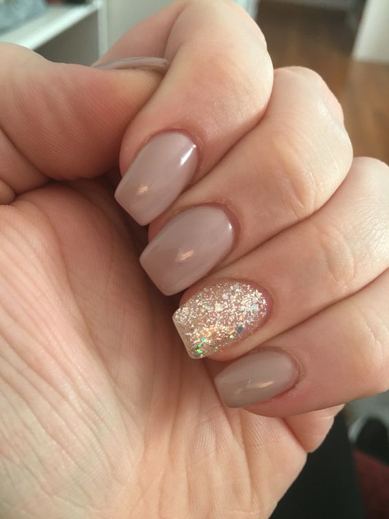 Classy tan/ nude acrylic nails with silver accent nail- so pretty!
