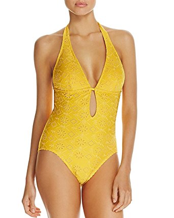 Kate Spade Womens Eyelet Halter One-Piece Swimsuit Yellow M