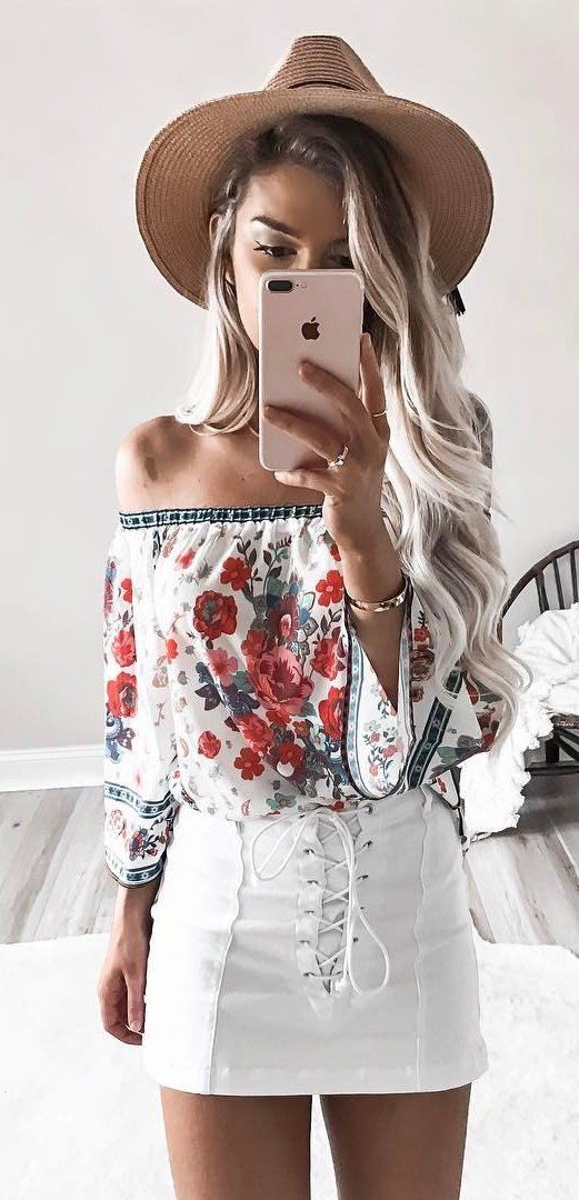 #summer #outfits Brown Hat + Floral Off The Shoulder Top + White Lace-up Skirt