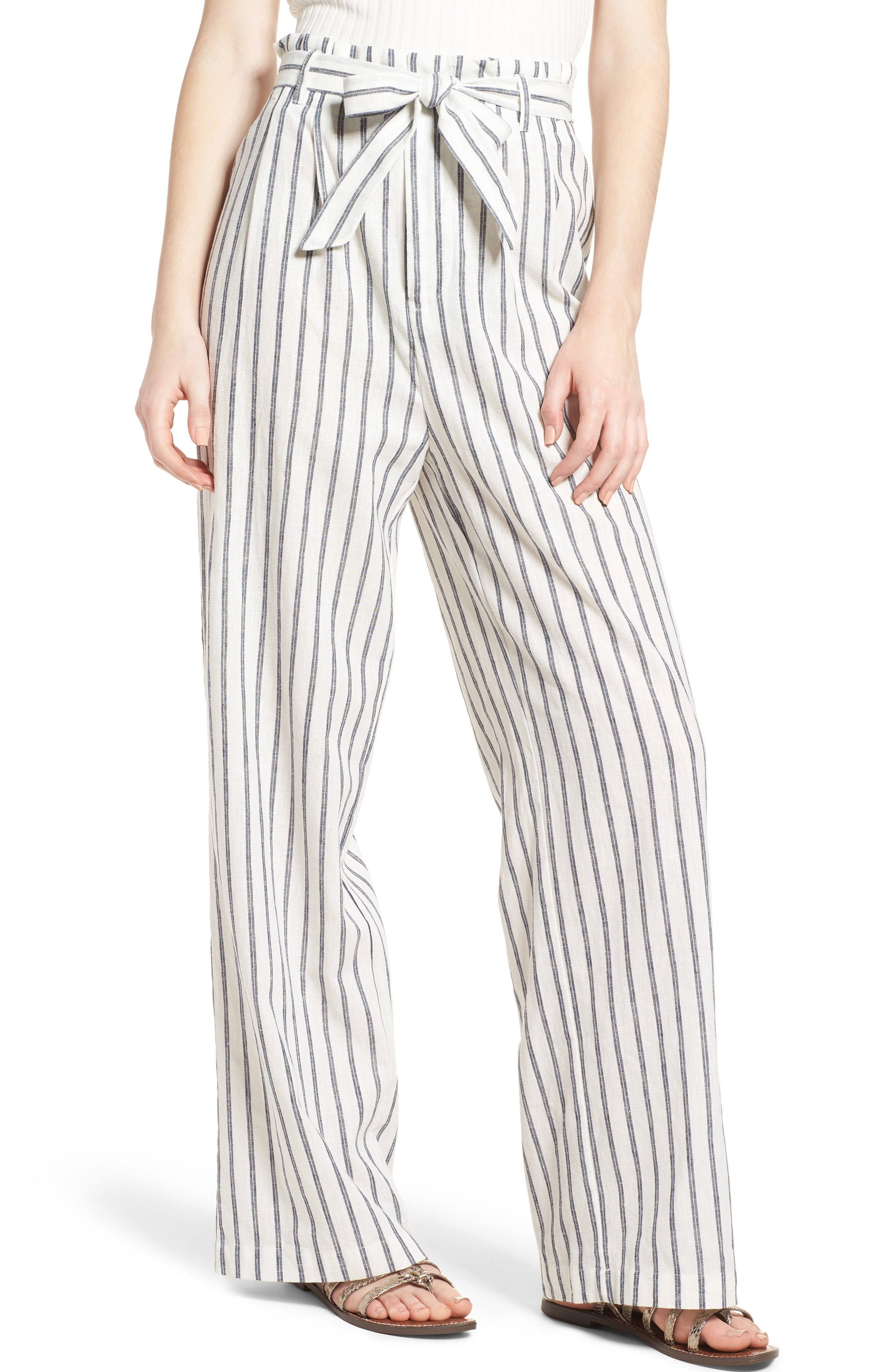 Paper Bag Linen & Cotton Pants, Main, color, Ivory / Blue Stripe