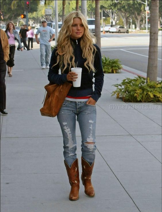 Jessica Simpson wearing Dingo Acme Boots Juicy Couture Dog Velour Zip Jacket in Navy Nation Ltd. Basic Stripes Tee