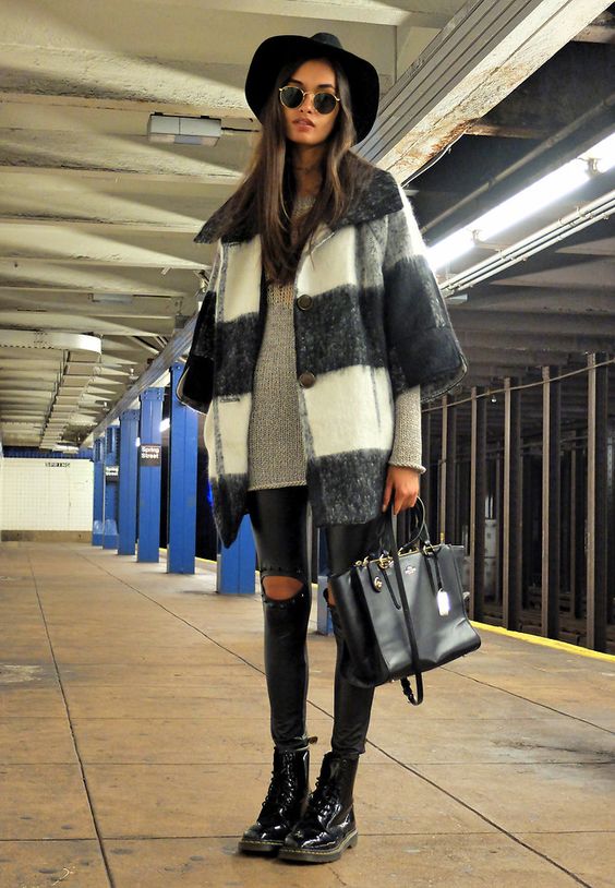 #newyork #streetstyle COAT, URBAN OUTFITTERS SWEATER, RAG & BONE SUNGLASSES, HAT, H&M BAG, COACH LEGGINGS, STYLE MOI BOOTS, DR. MARTENS