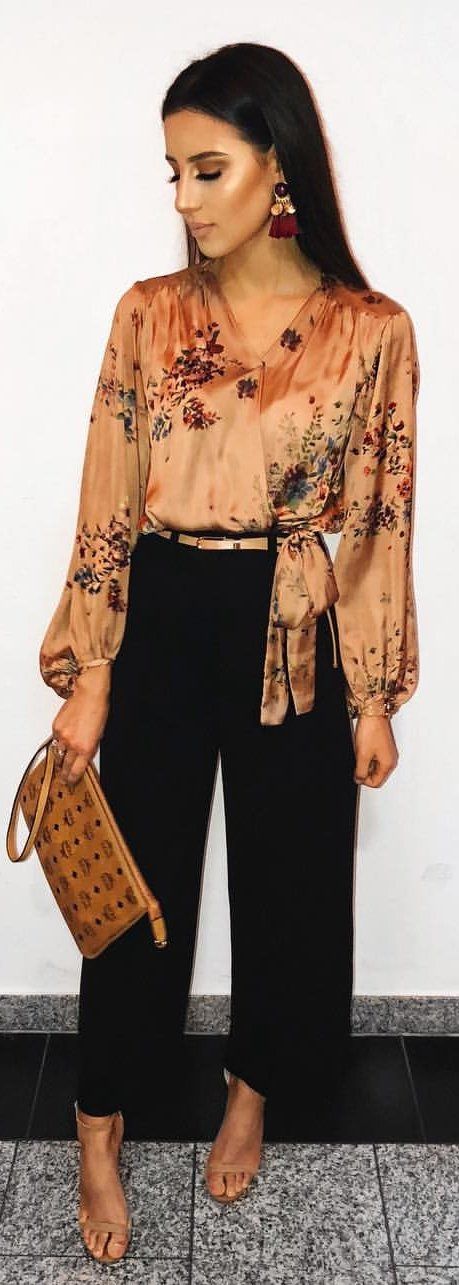#winter #outfits beige and green floral blouse
