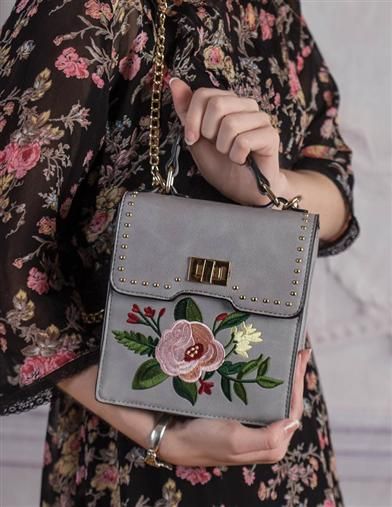Dusty Blossom Handbag | Dove Grey Embroidered Purse