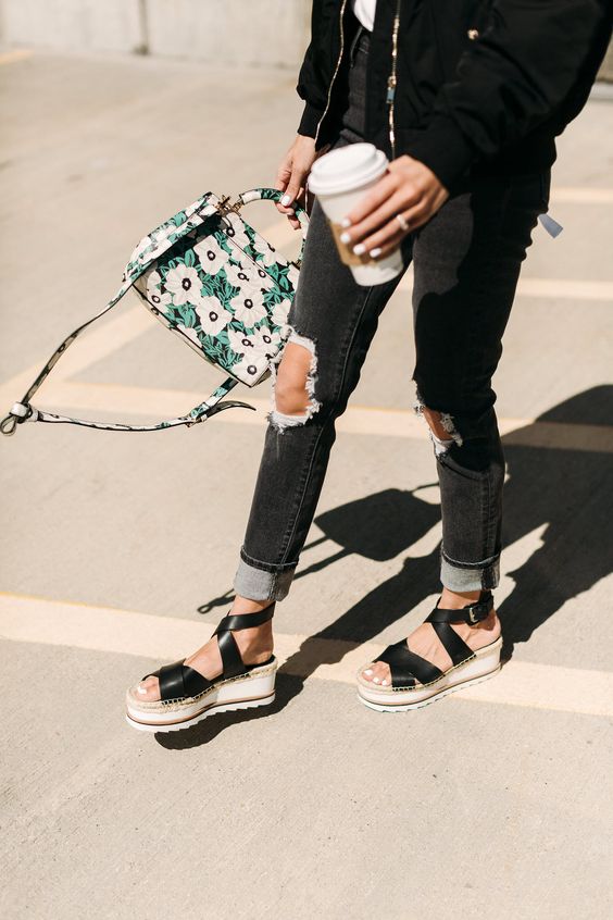 HelloFashionBlog: Relaxed and distressed denim paired with the perfect sporty platform sandal for spring