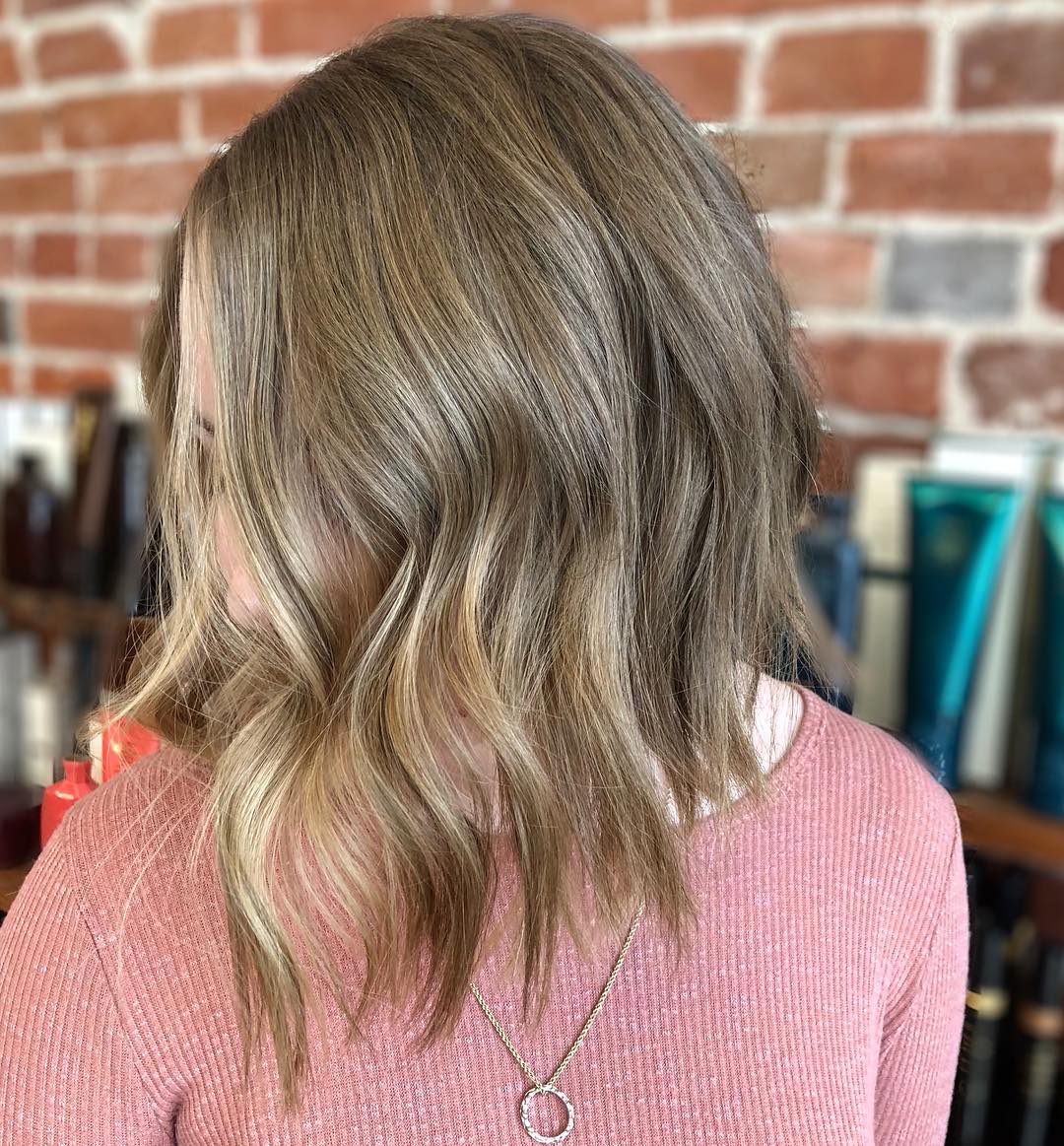 Dirty Blonde Shoulder-Length A-Line Lob balayage medium hairstyle