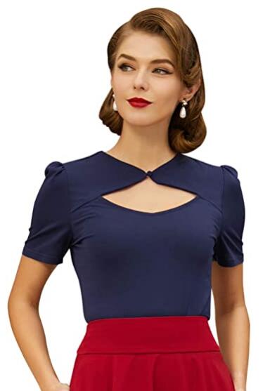 Belle Poque Women’s Sexy Hollowed-Out Tops 1950s Retro Vintage Short Sleeve Cotton Blouse