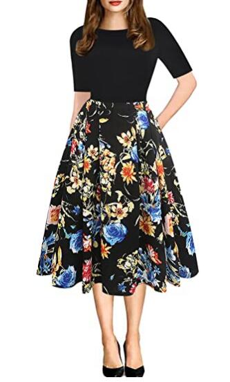 oxiuly Women's Vintage Patchwork Pockets Puffy Swing Casual Party Dress OX165
