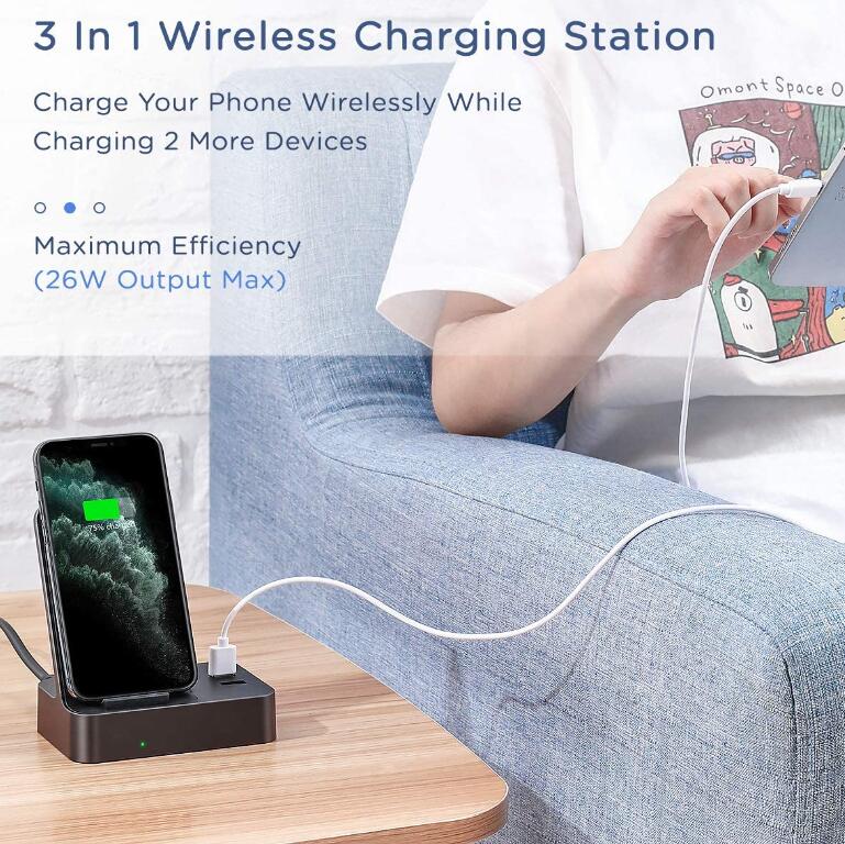 26W 3-in-1 Multi-Device Wireless Charging Stand Station Built-in AC Adapter