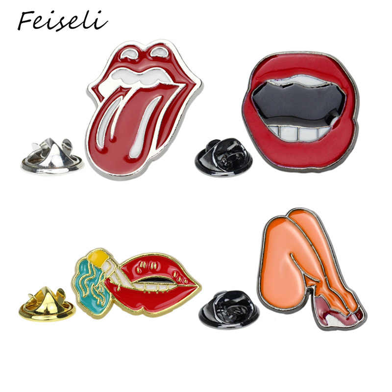 Sexy Red Lips Legs Brooch For Women Girls Coat Collar Corsage Metal Lapel Pin