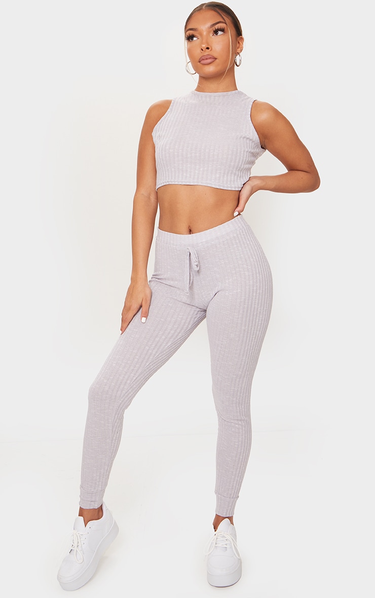 Grey Knitted Cropped Vest And Jogger Set | PrettyLittleThing USA