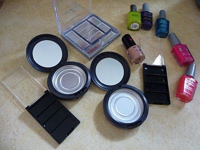 Cleaned and empty make-up containers. Fill empty containers with fun fingernail polish colors, let dry and use for pretend makeup!