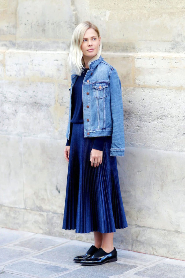 pleated midi skirt-denim jacket-oxfords-navy-what to wear to work-