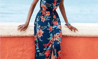 An uncomplicated maxi dress in a bold tropical flower print. Pair with sun-kissed skin.