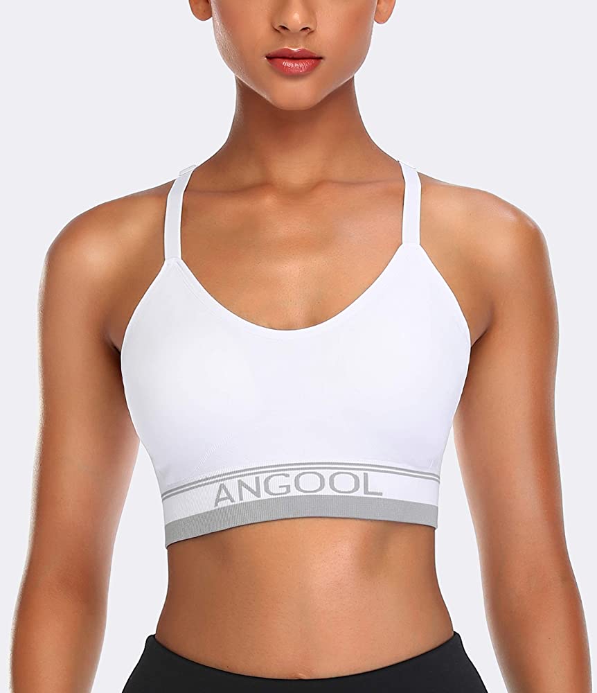 ANGOOL Strappy Sports Bras for Women, Longline Medium Support Yoga Bra Wirefree Padded Sports Bra with Adjustable Straps