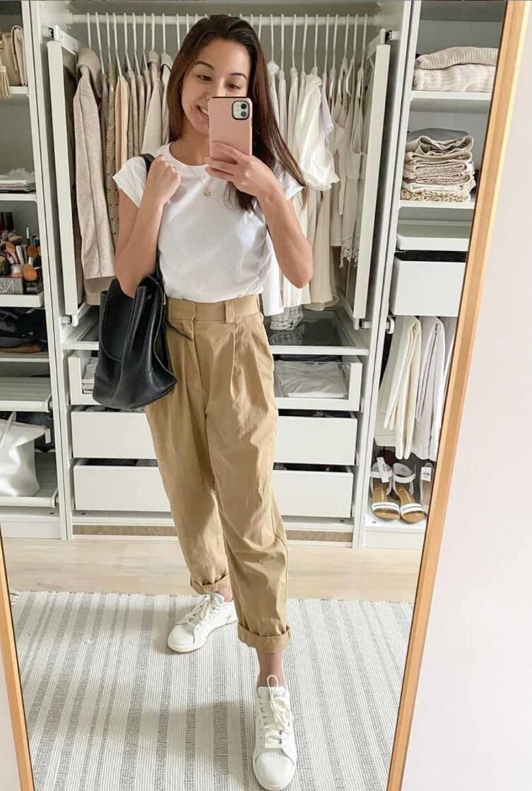 Tan trousers pants  petite workwear ideas  Work outfits women  Fashionable work outfit Stylish work outfits