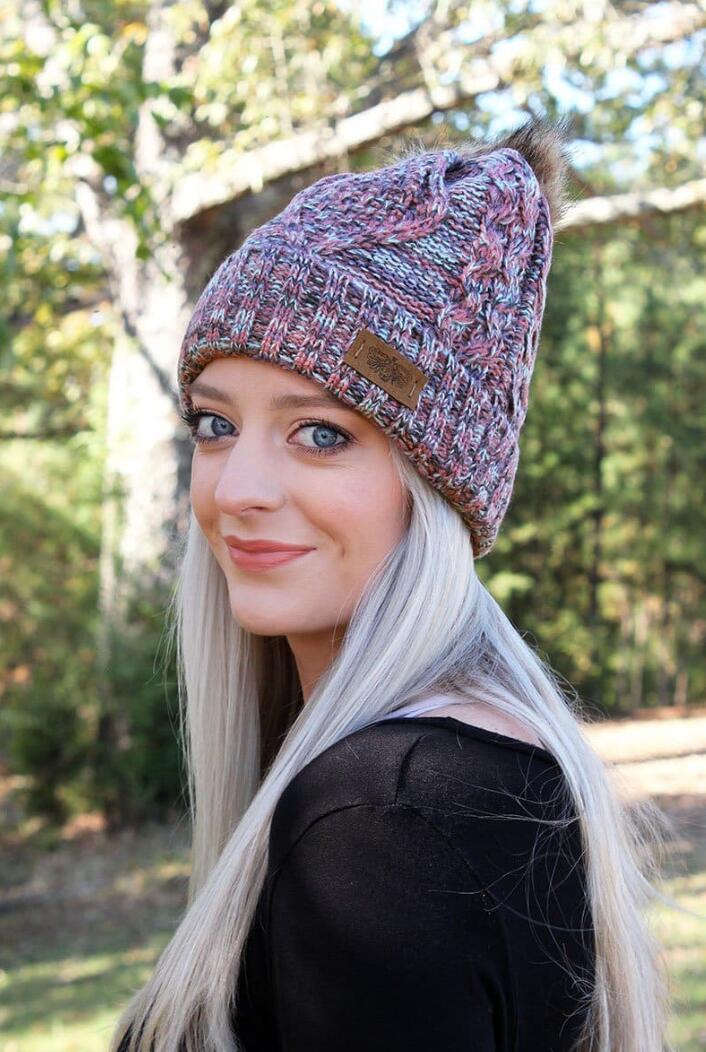 Snow Day Fleece Lined Knit Multi Color Mint Pom Pom Beanie Hat