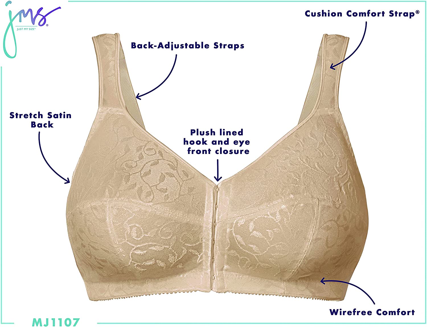 JUST MY SIZE - Women's Easy-on Front-Close Wire-free Bra