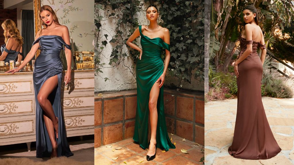 Sexy satin bridesmaid dresses with slim shape and ‘drop-down’ sleevelets