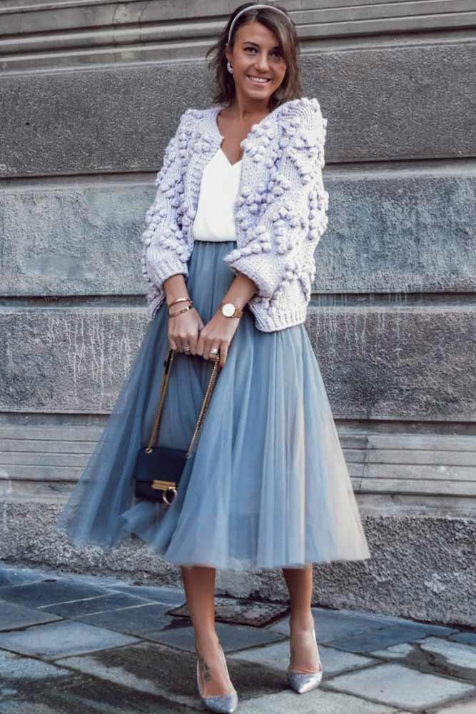 tulle skirt tea length blue knitted cardigan