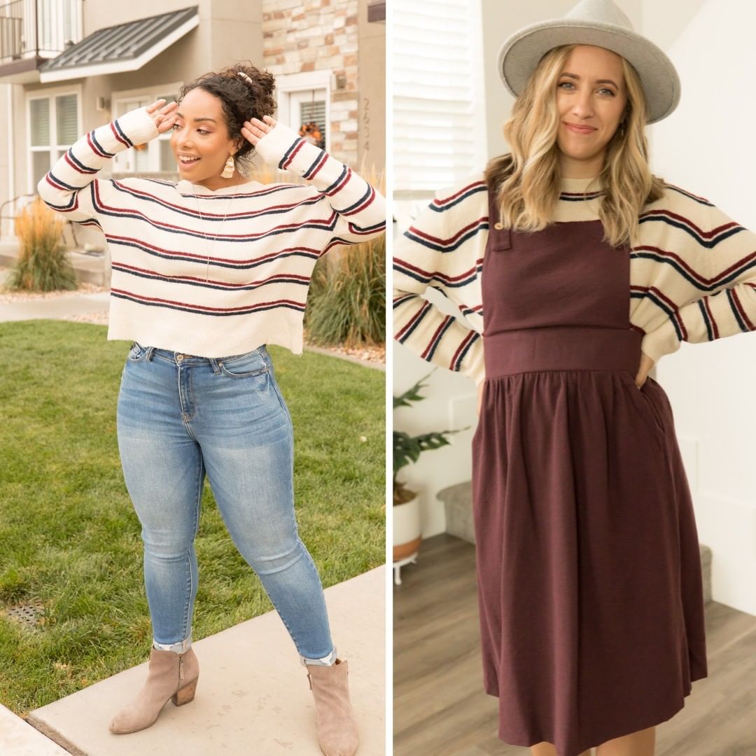 Ivory cropped sweater with red black stripes