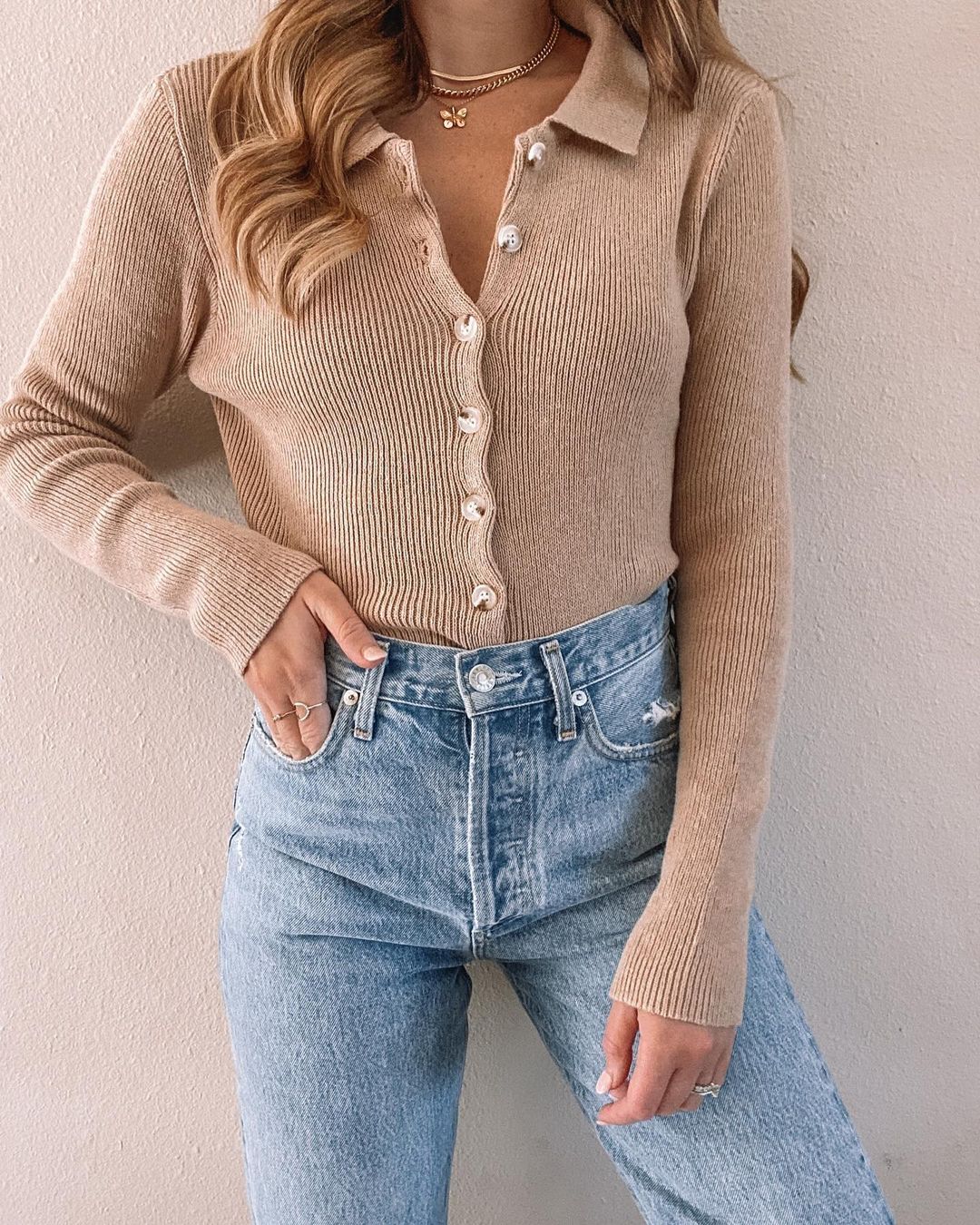 collared ribbed sweater in soft honey shade