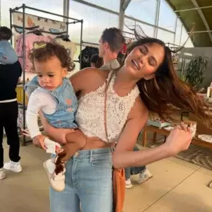 Chrissy Teigen Flare High Waist Jeans Lace Halter Crop Top 3