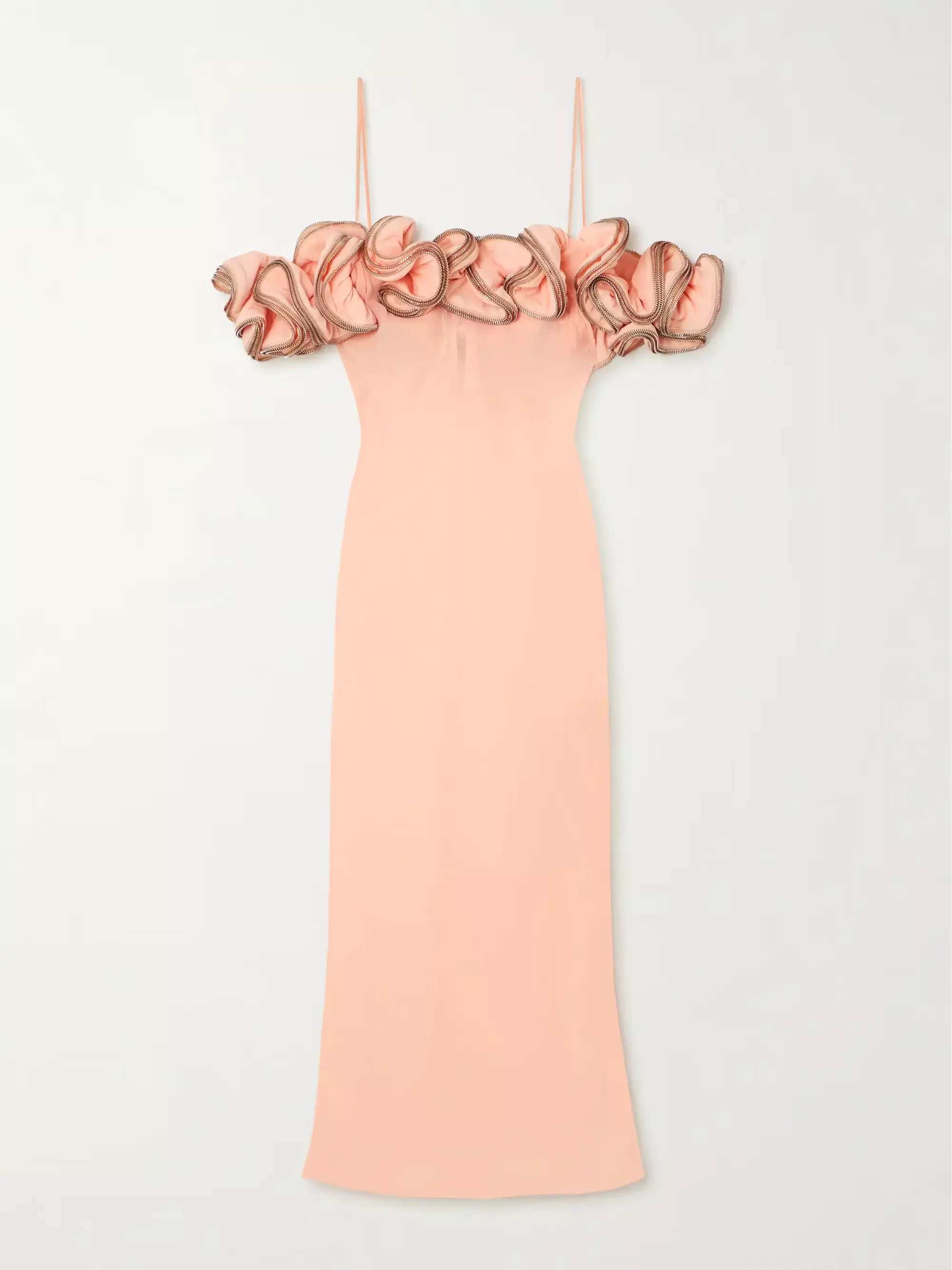Coperni Off The Shoulder Zip Embellished Ruffled Chiffon Midi Dress