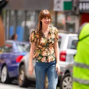 Dakota Johnsons floral silk short sleeve top