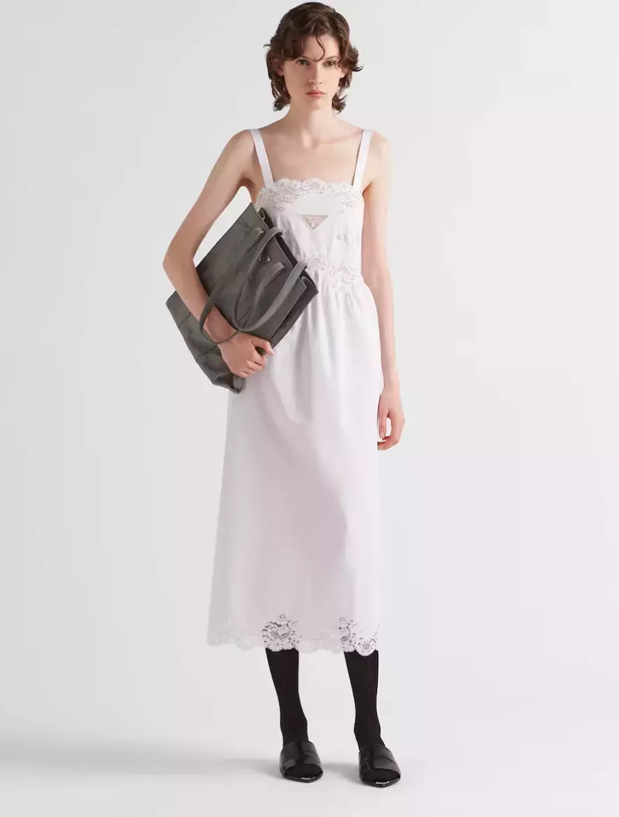Embroidered poplin and lace dress