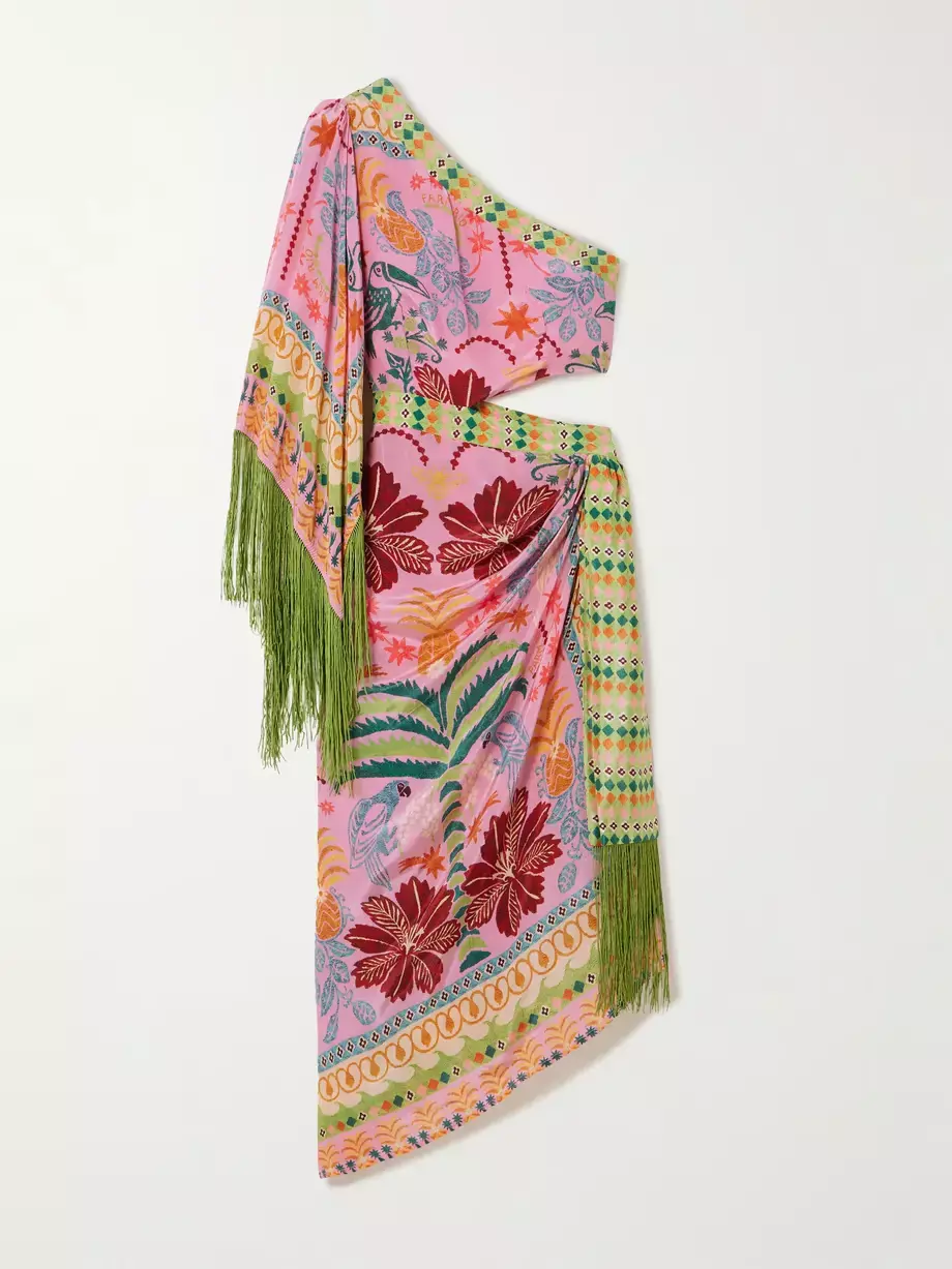 Farm Rio Fruits Queen One Shoulder Cutout Fringed Printed Crepe De Chine Dress
