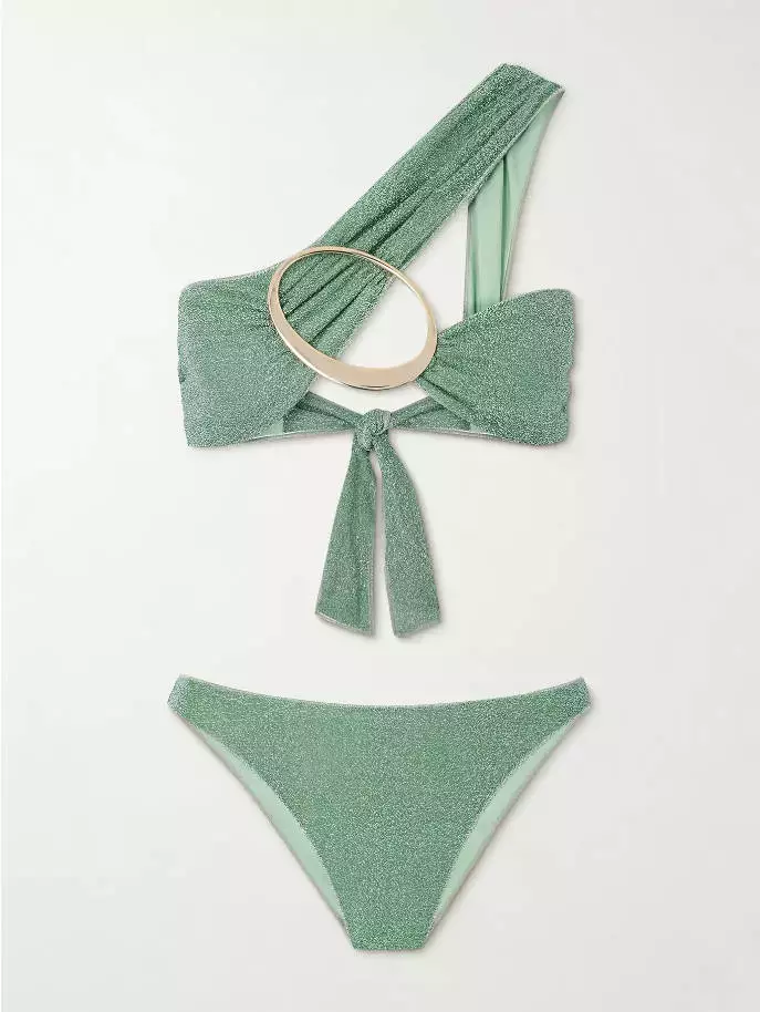 One shoulder embellished metallic bikini
