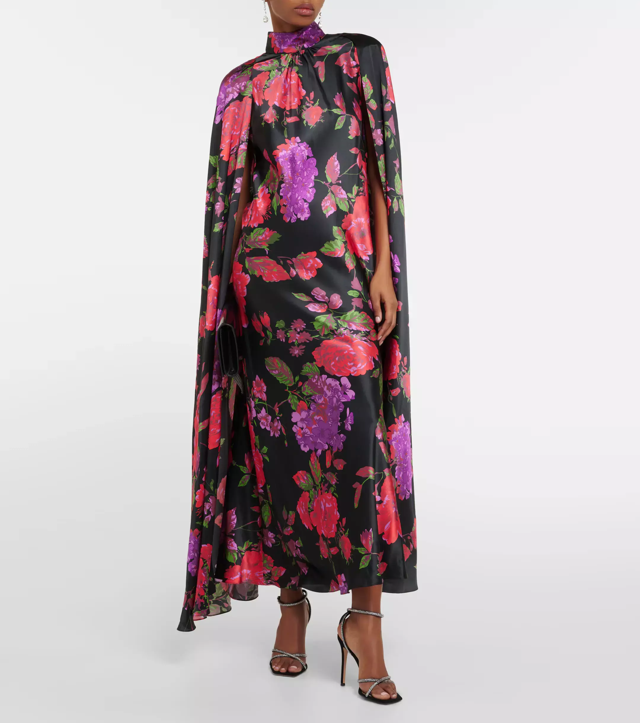 Rodarte Floral Printed Silk Cape Sleeve Midi Dress