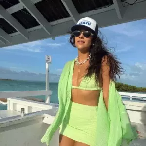 Shay Mitchell Stuns In Monday Swimwear Honeydew Plaid Getup