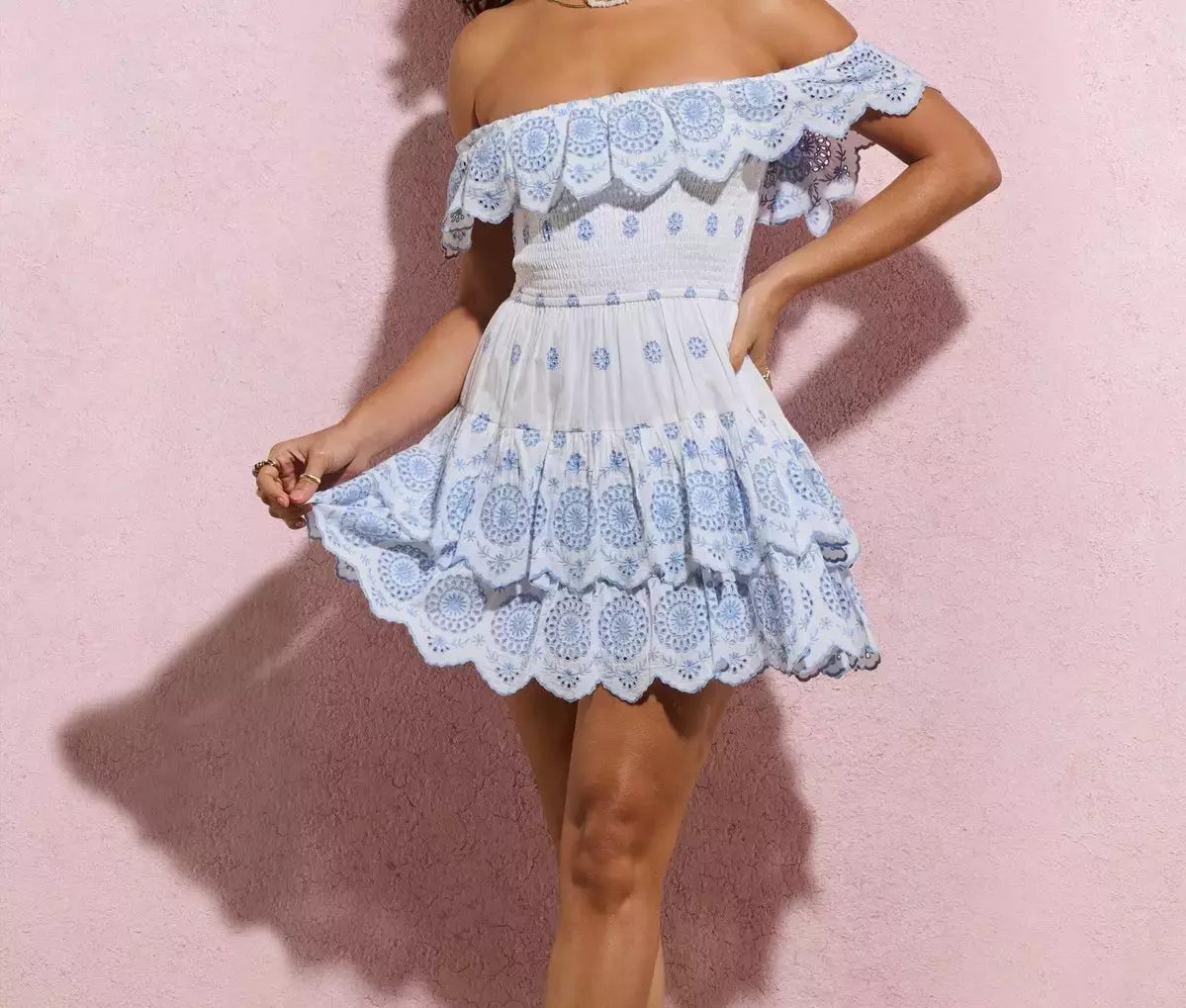 Club L London Explorer White Blue Broderie Ruffled Bardot Mini Dress