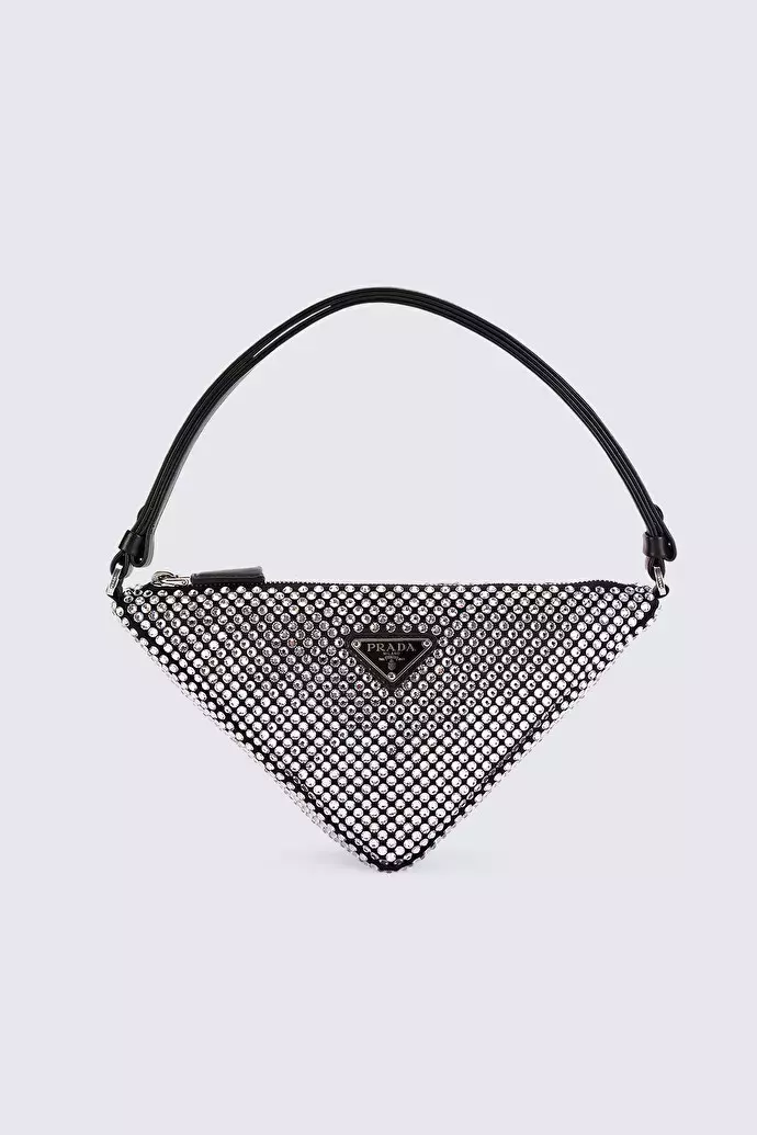 Prada Triangle Satin Mini Bag With Black Crystals