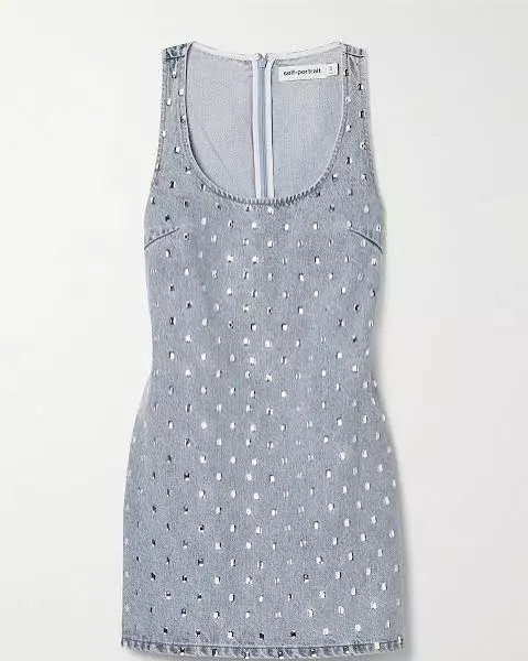 Self Portrait Square Rhinestone Denim Mini Dress