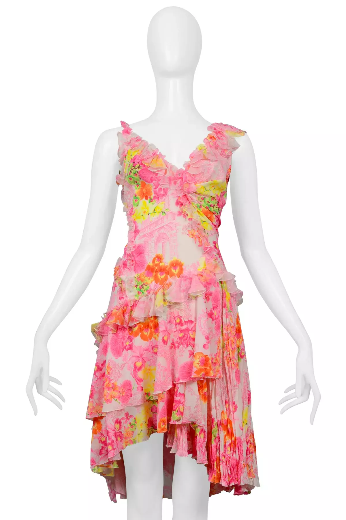 Versace Floral Ruffled Mini Dress Pink